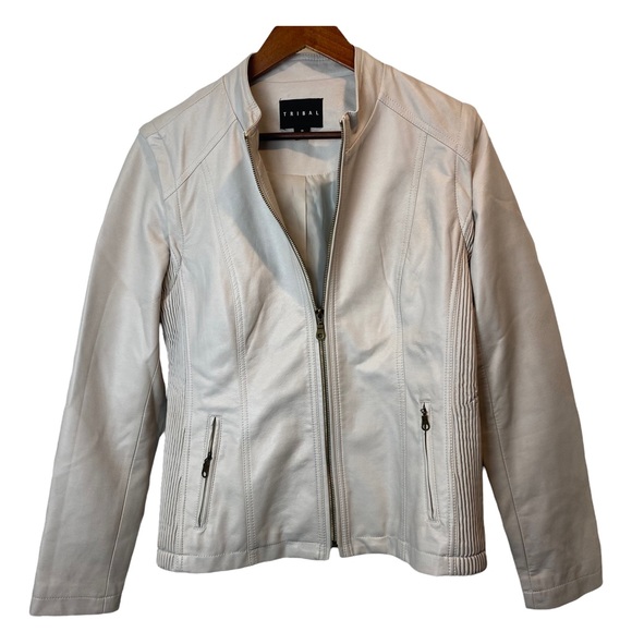TRIBAL Women’s Jacket White Faux Leather Zipper Pockets Size Medium - Picture 1 of 11
